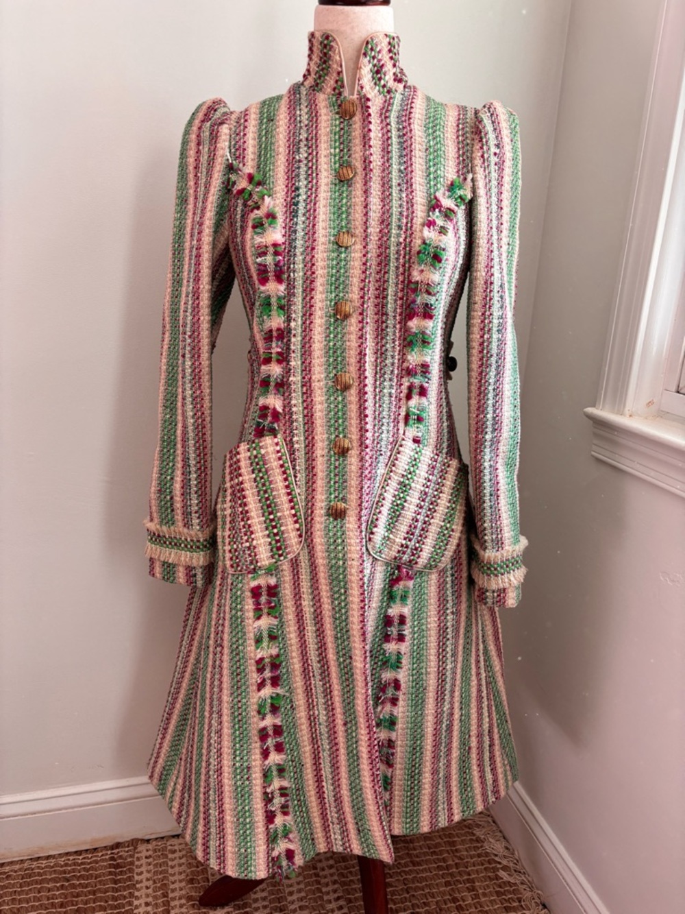 Vintage Tapestry Stripe Coat High Collar Sculptural Waist Avant Garde Luxe